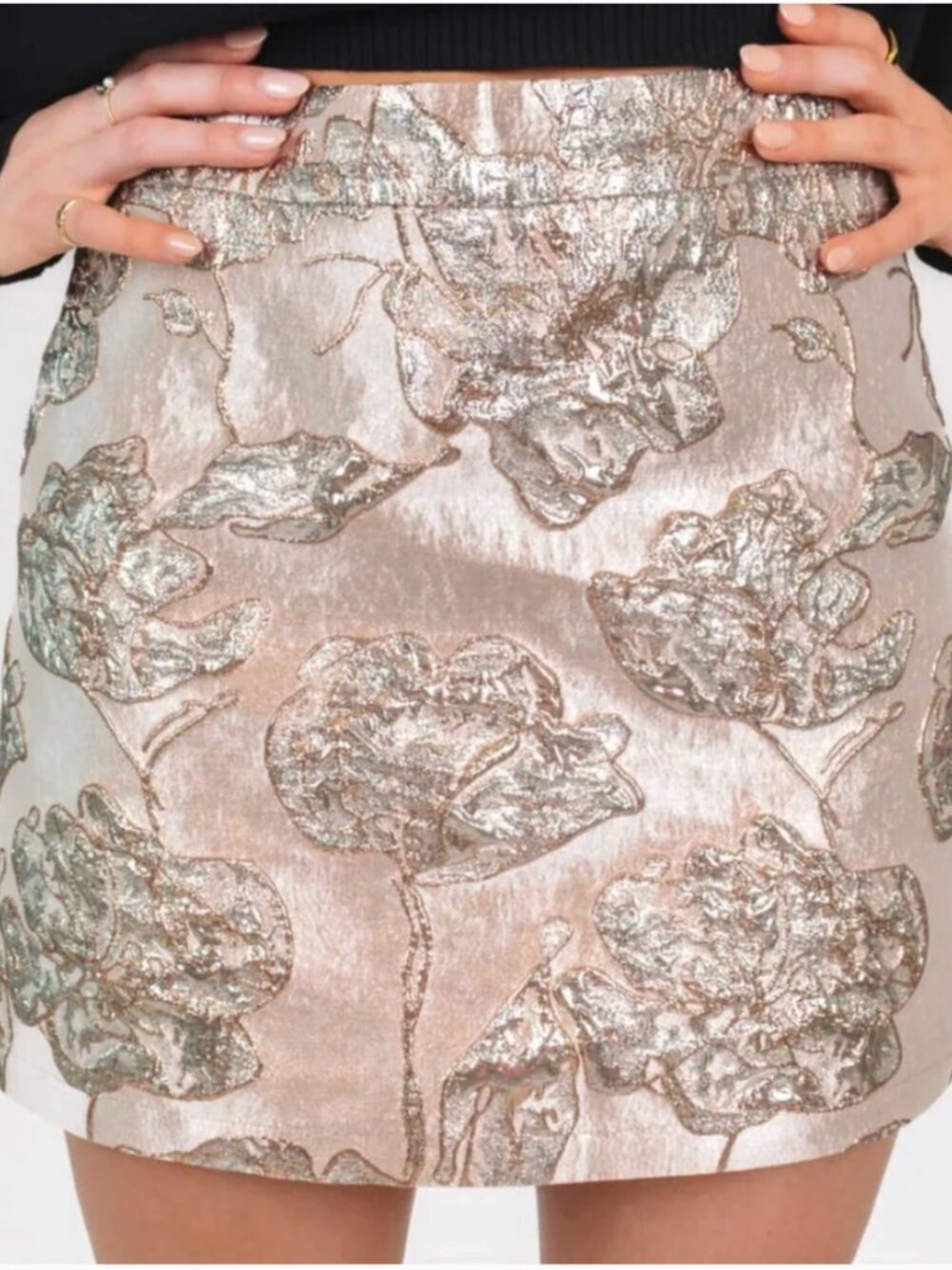 J Marie NWT The Kai Silver Metallic Floral Brocade A Line Mini Skirt Women's M